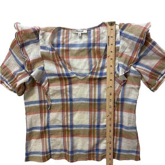 Madewell Plaid Ruffle Sleeve Top Blouse Womens XS Casual‎ Anthropologie - Picture 4 of 8